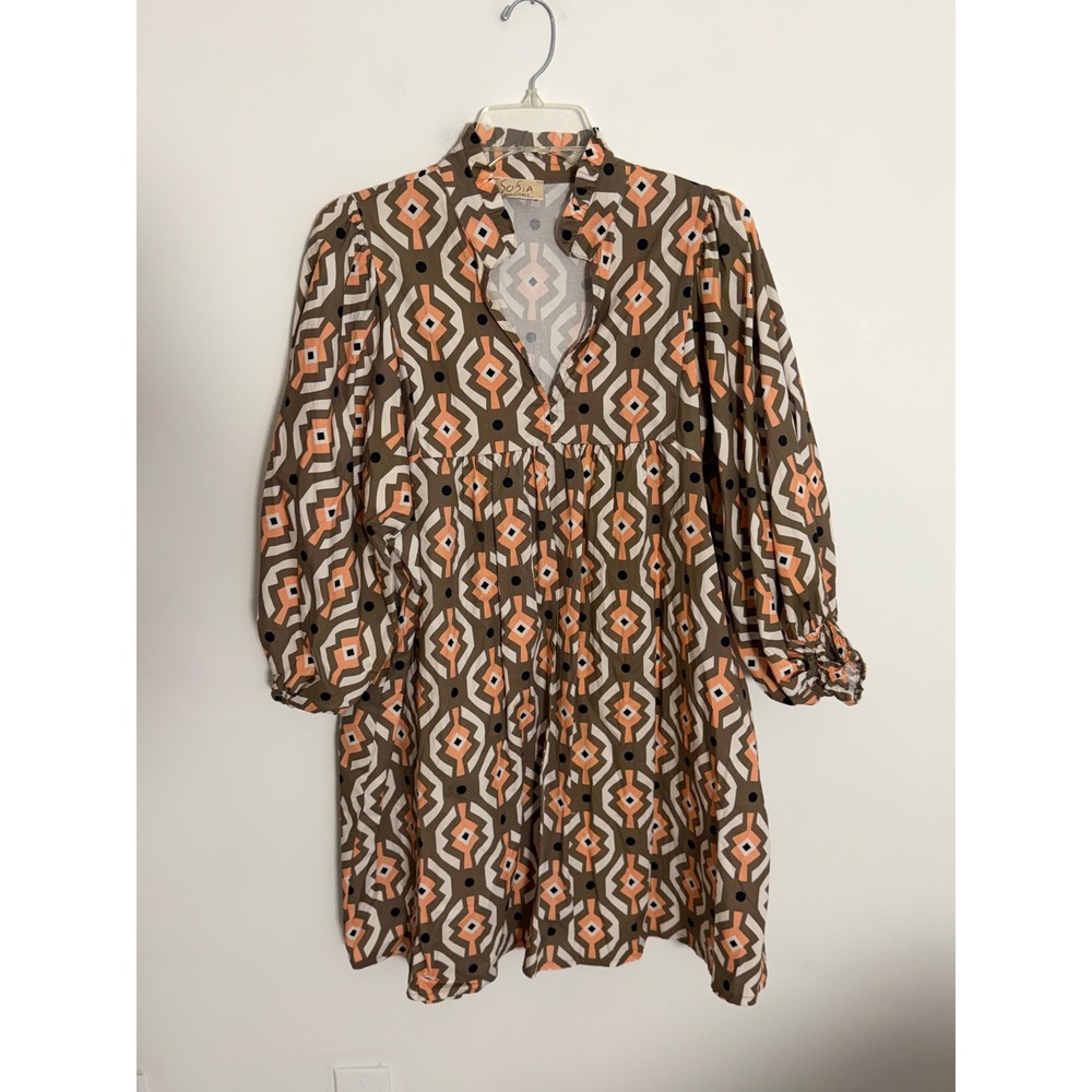 Sofia Made In Italy Geometric Empire Waist Mini Dress Brown Peach OS Womens